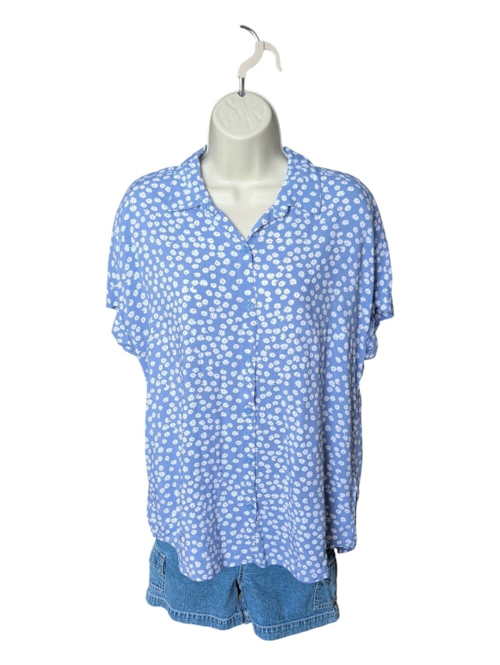 Beachlunchlounge Boho Blue Daisy Button-Down Short Sleeve Top Size Medium M
